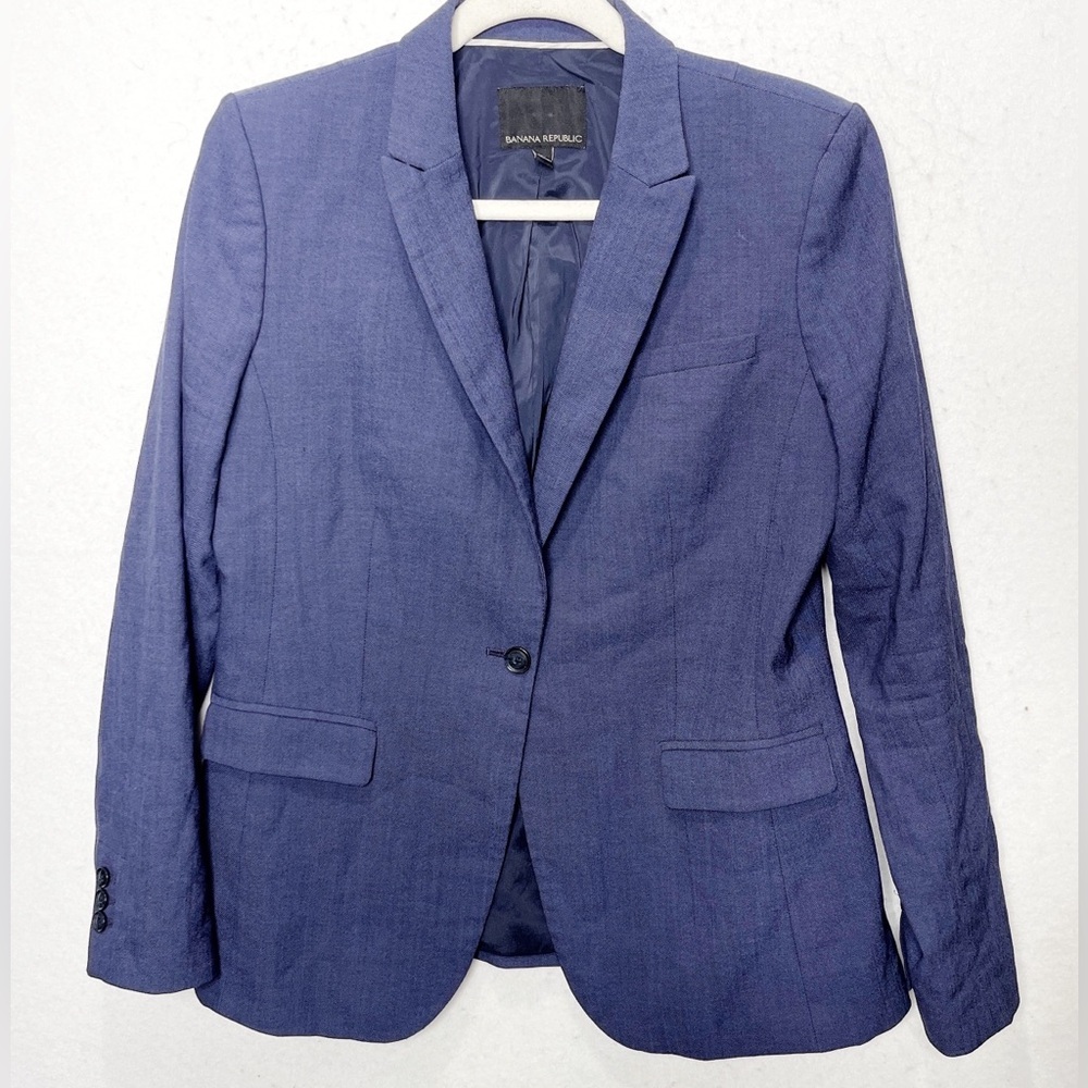 Banana Republic Long And Lean Long Sleeve Button Front Blazer Navy Blue Wool